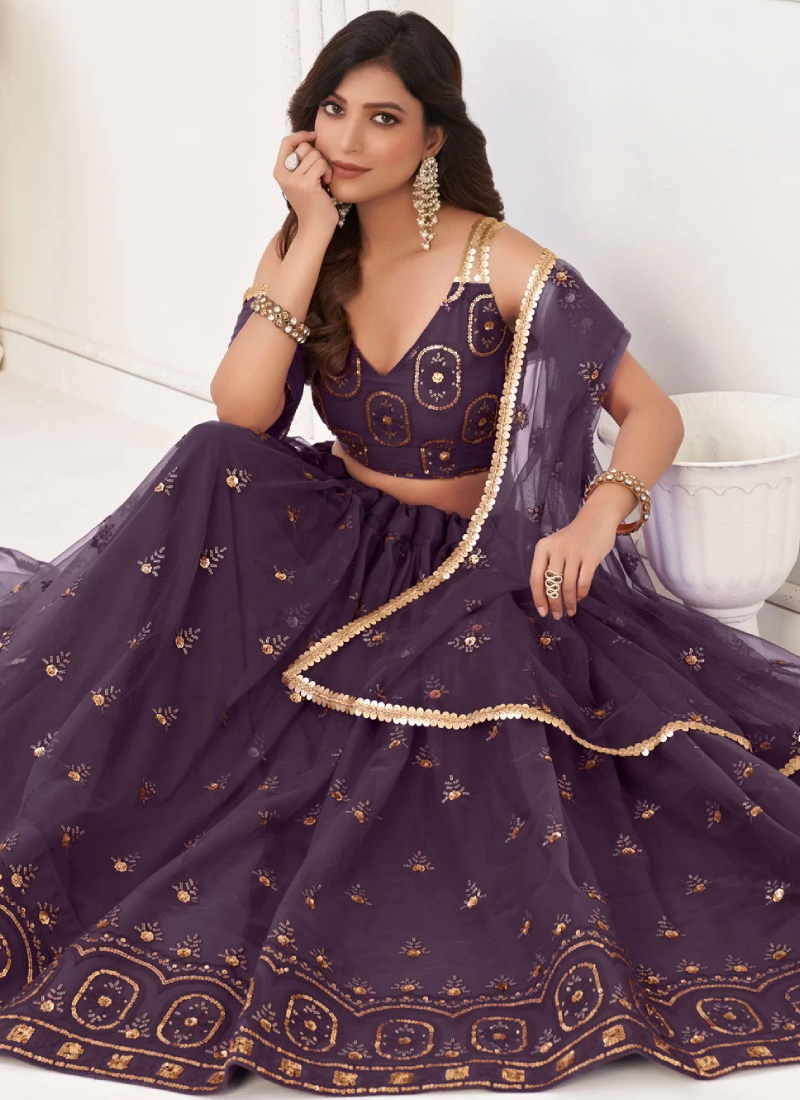 Thread Embroidered Butterfly Net Party Wear Wine Lehenga Choli
