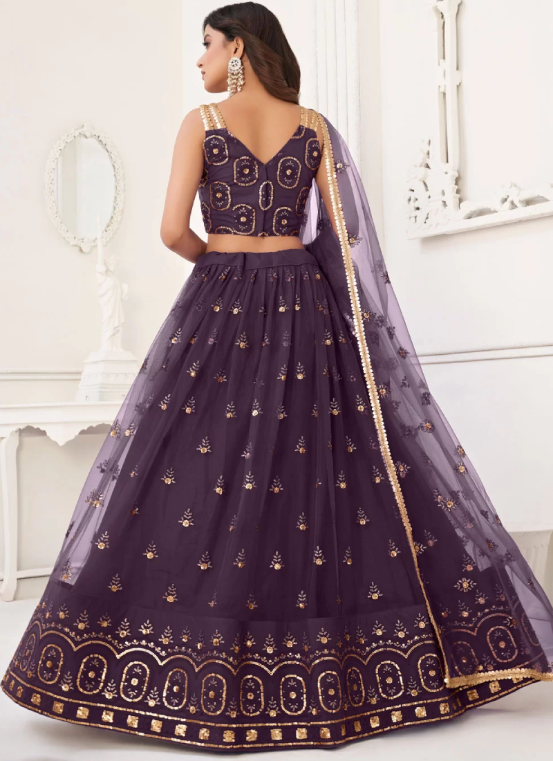 Thread Embroidered Butterfly Net Party Wear Wine Lehenga Choli
