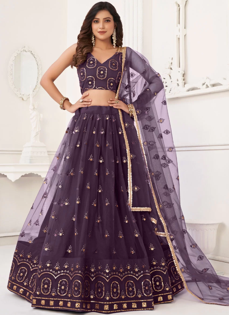 Thread Embroidered Butterfly Net Party Wear Wine Lehenga Choli