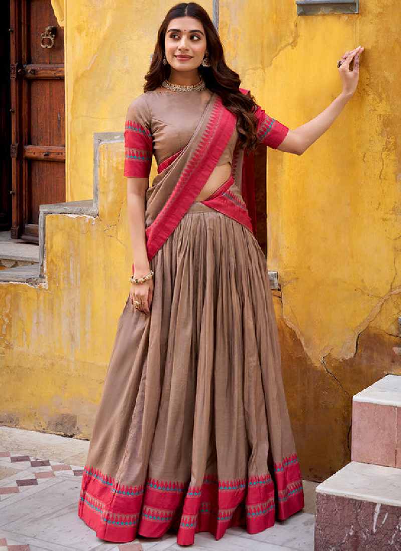 Thread Embroidered Chanderi Silk Chiku Color Half Saree Lehenga Choli