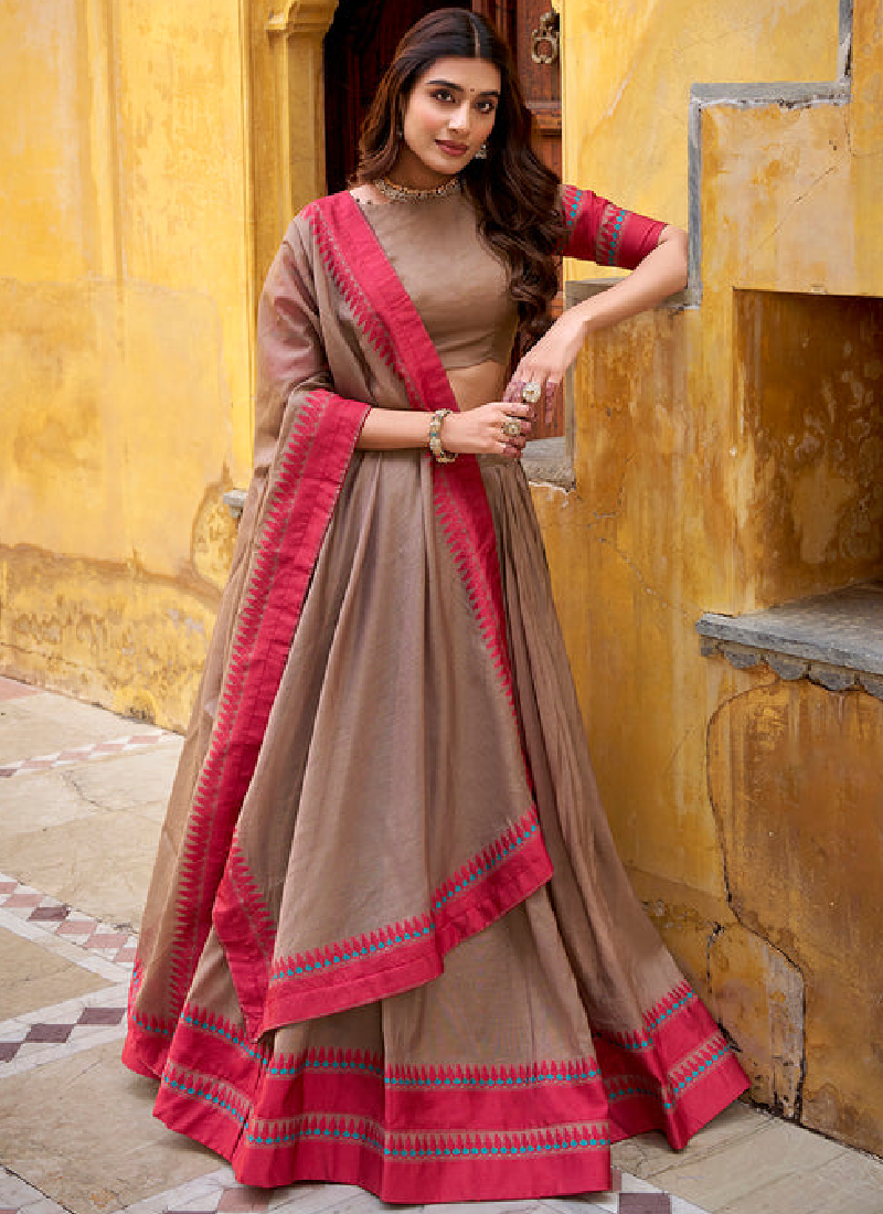 Thread Embroidered Chanderi Silk Chiku Color Half Saree Lehenga Choli