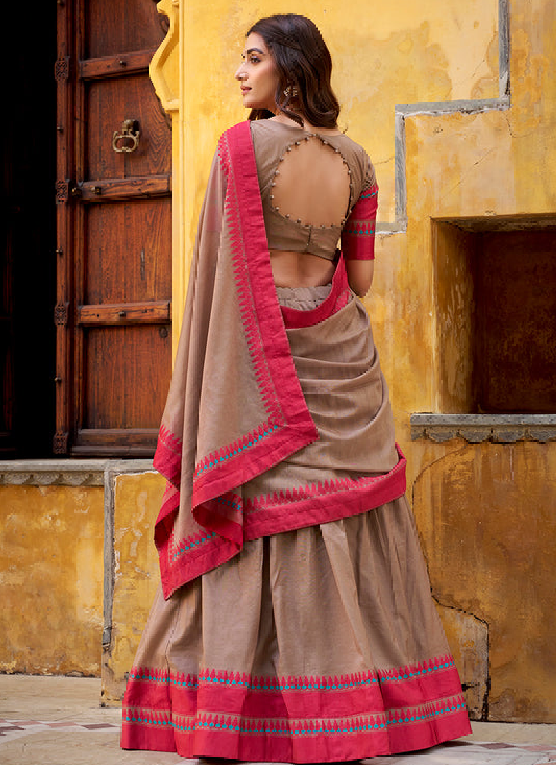 Thread Embroidered Chanderi Silk Chiku Color Half Saree Lehenga Choli