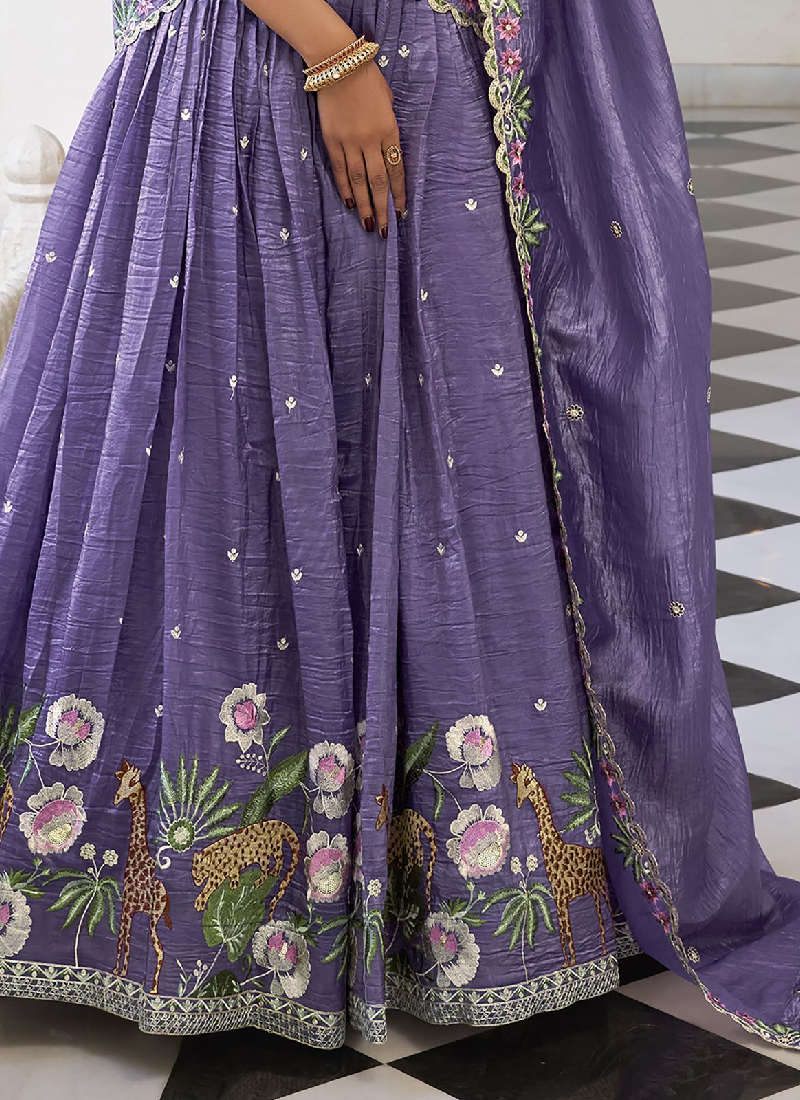 Thread Embroidered Lavender Festival Wear Silk Lehenga Choli Set