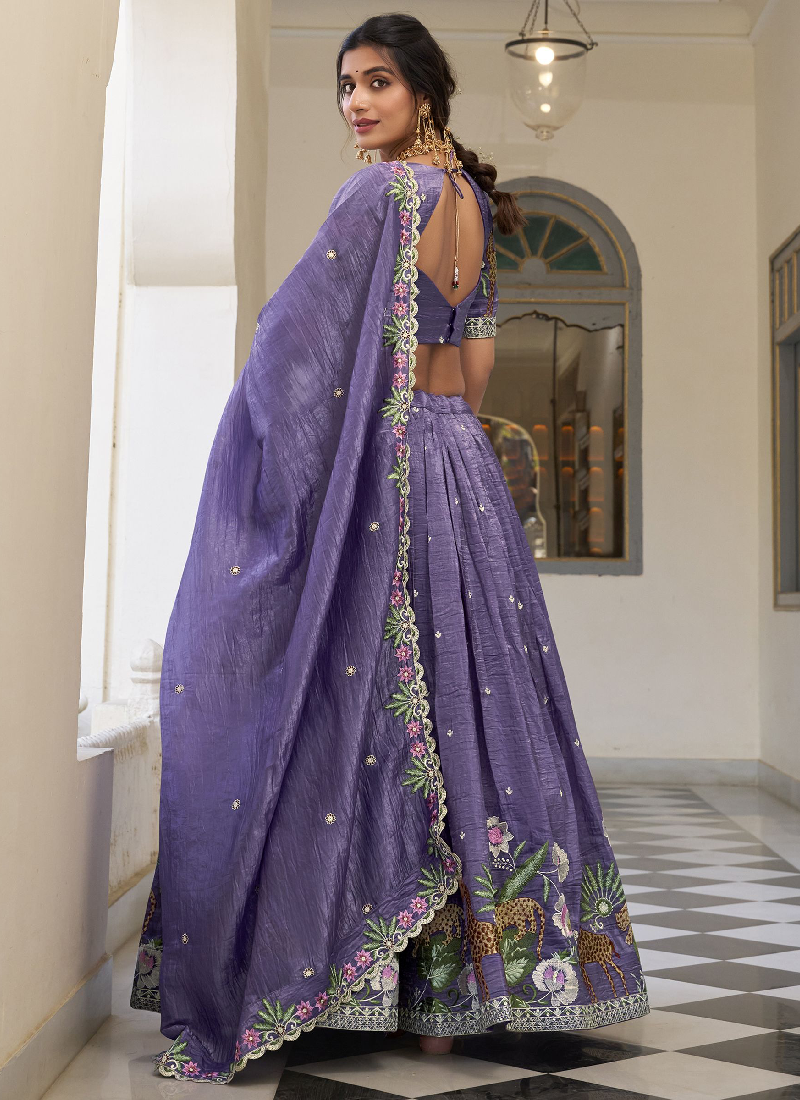 Thread Embroidered Lavender Festival Wear Silk Lehenga Choli Set