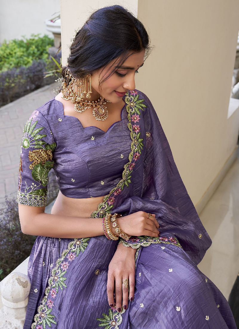 Thread Embroidered Lavender Festival Wear Silk Lehenga Choli Set