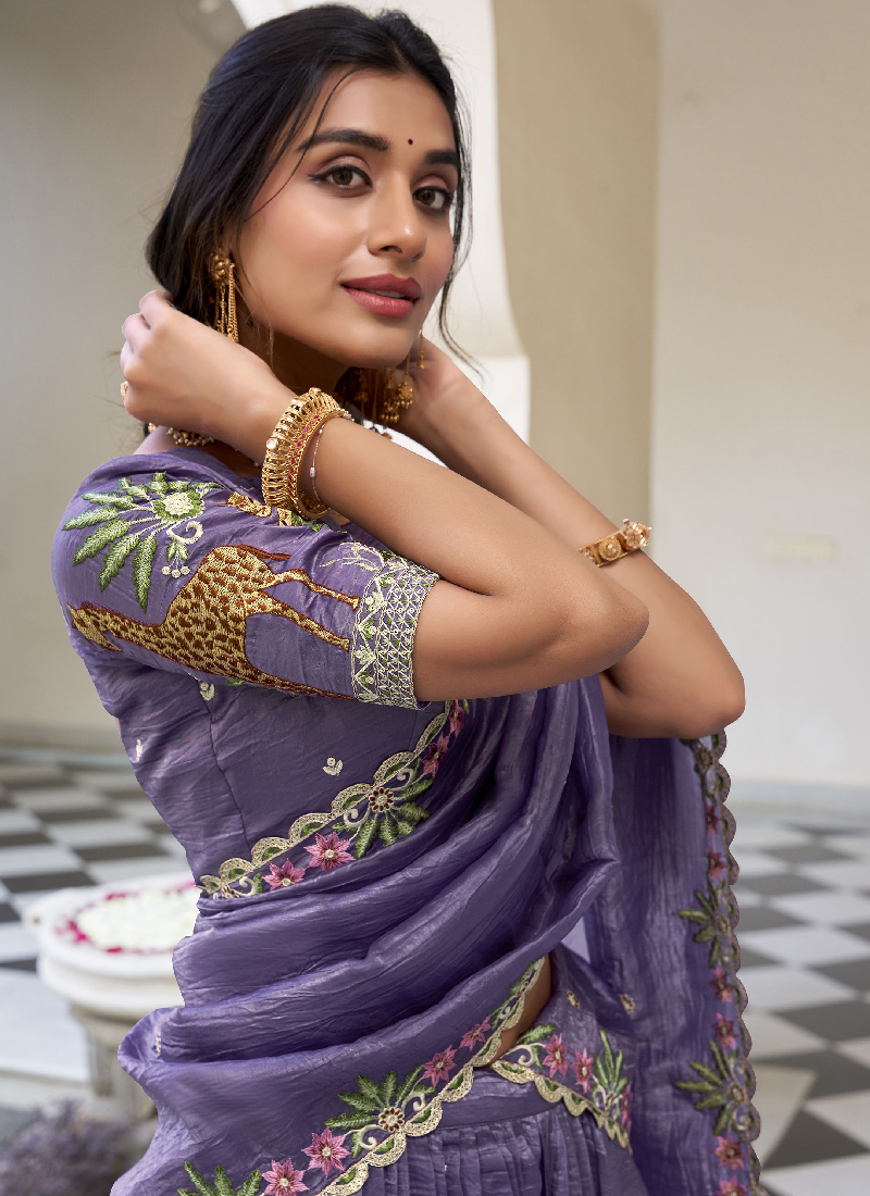 Thread Embroidered Lavender Festival Wear Silk Lehenga Choli Set