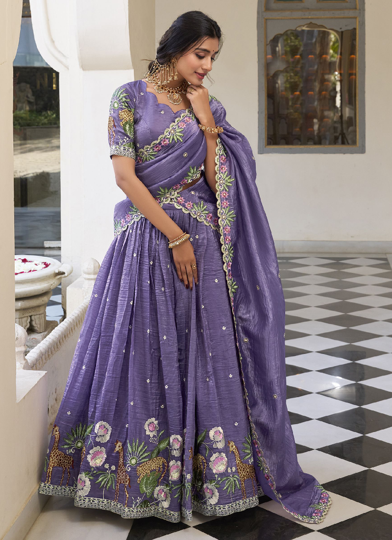 Thread Embroidered Lavender Festival Wear Silk Lehenga Choli Set