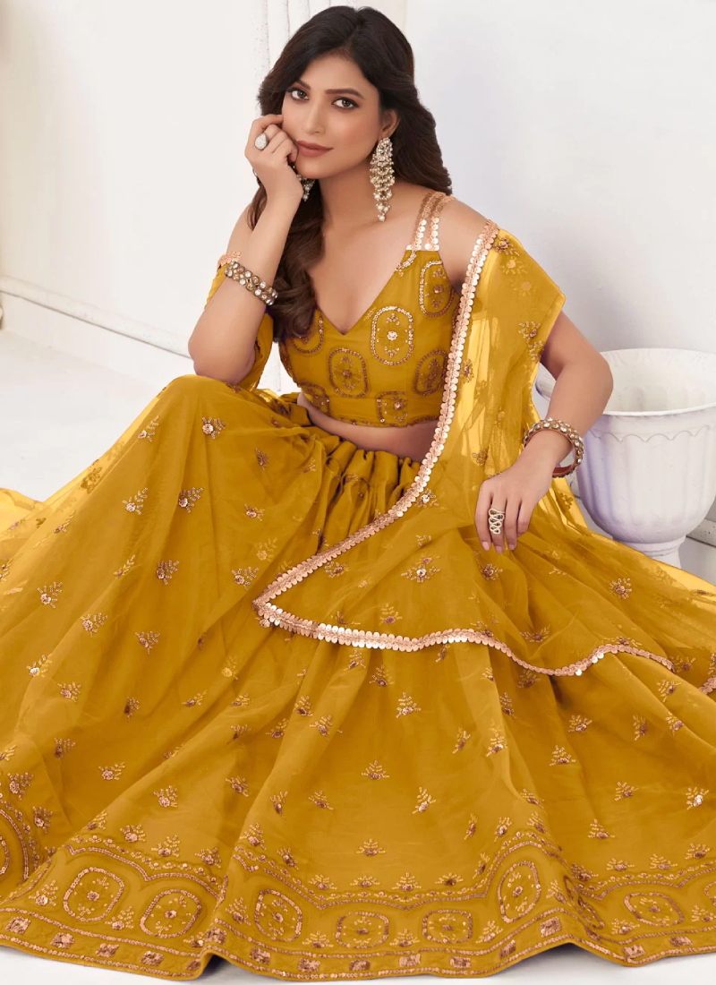 Thread Embroidered Net Yellow Lehenga Choli For Haldi Function
