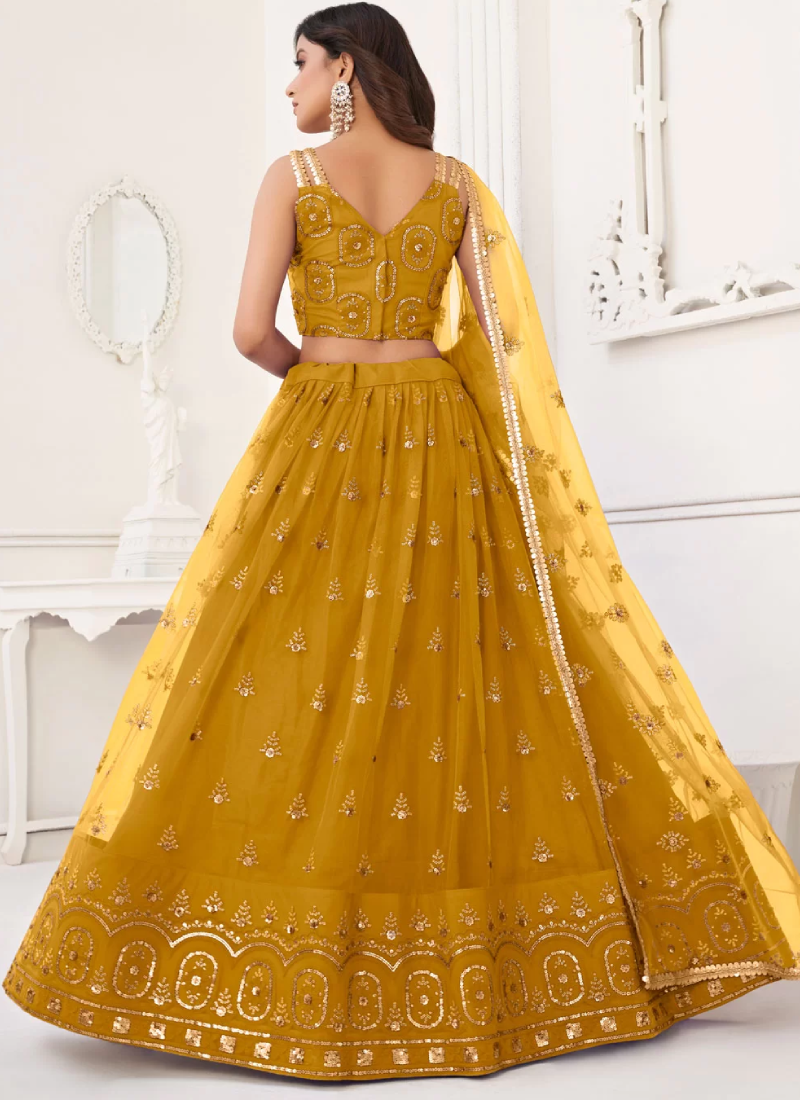 Thread Embroidered Net Yellow Lehenga Choli For Haldi Function