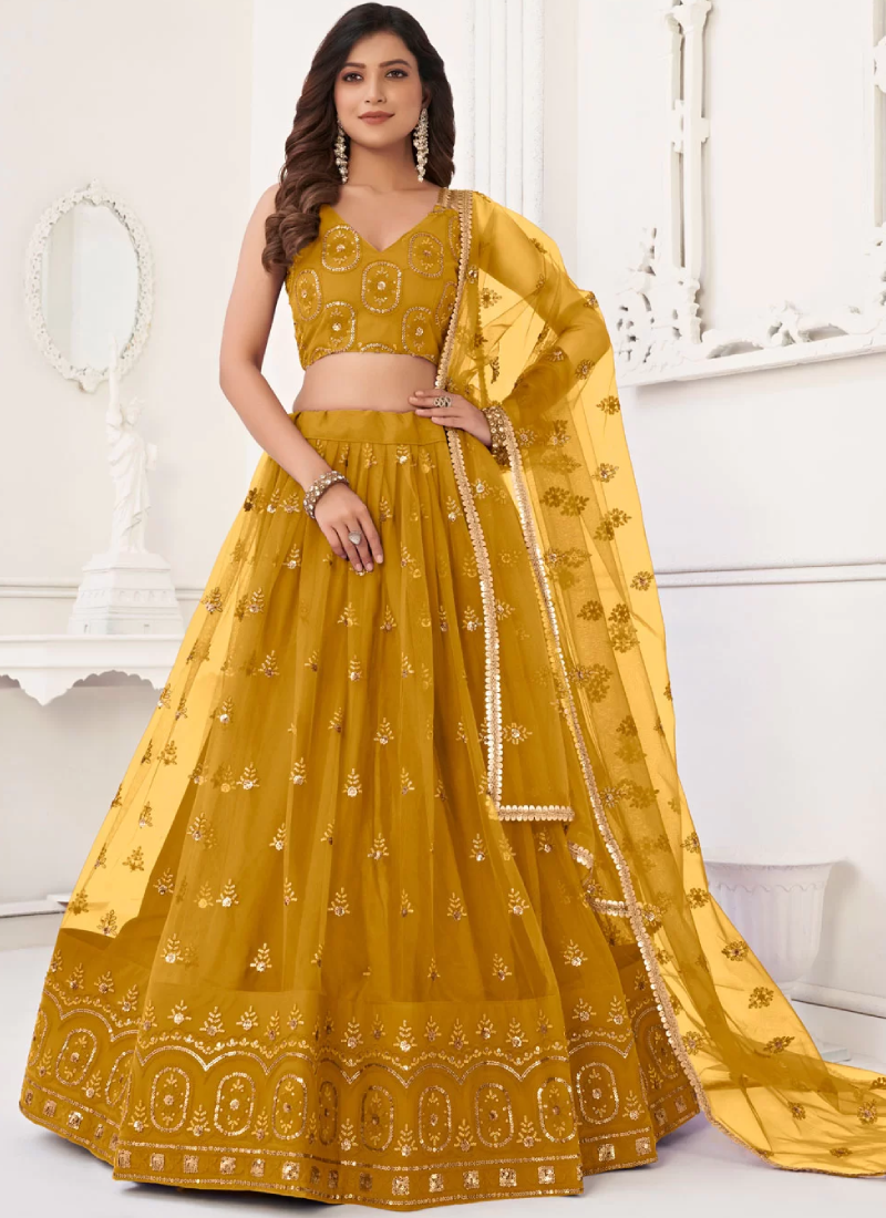 Thread Embroidered Net Yellow Lehenga Choli For Haldi Function