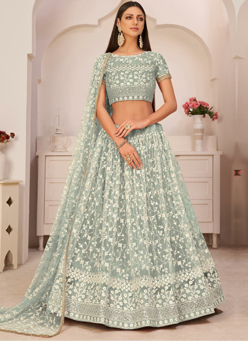 Thread Embroidered Pista Green Soft Net Lehenga Choli For Party