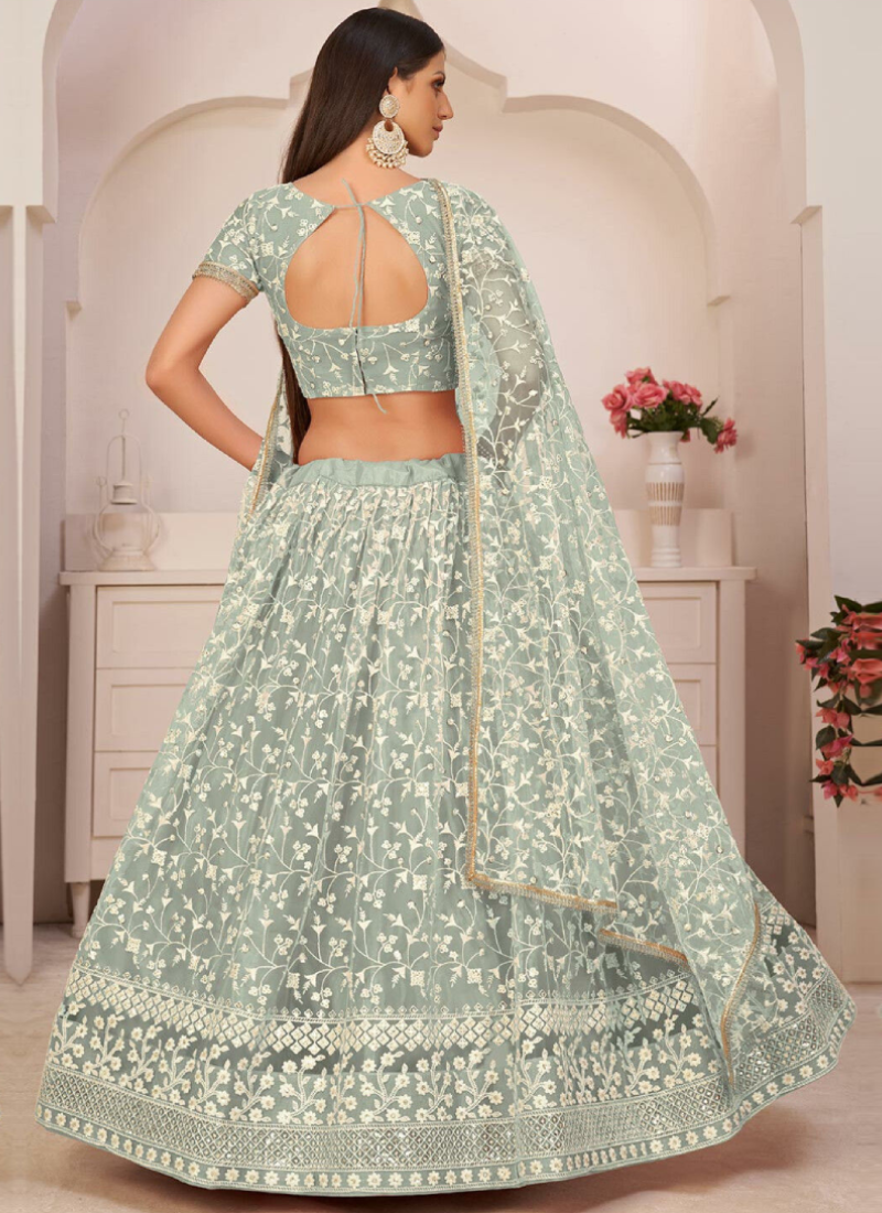 Thread Embroidered Pista Green Soft Net Lehenga Choli For Party