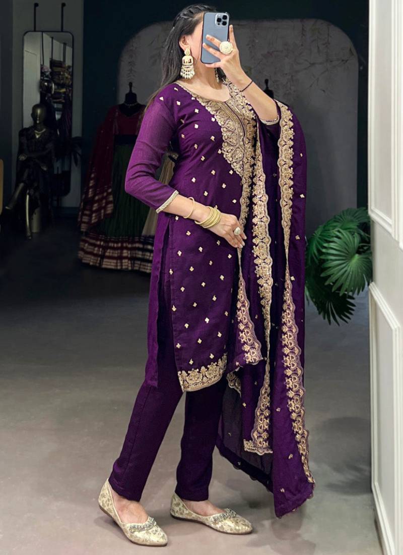 Thread Embroidered Purple Vichitra Silk Punjabi Kurta Pant For Women