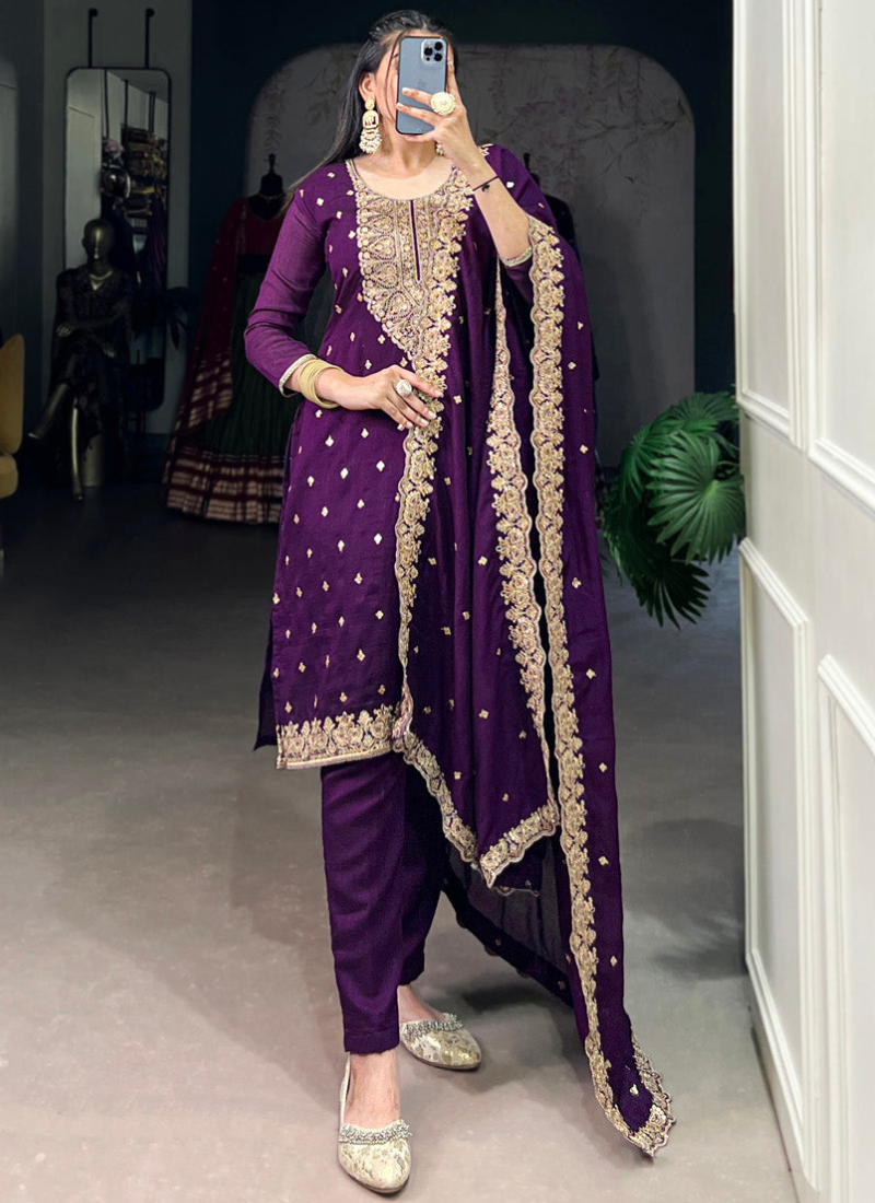 Thread Embroidered Purple Vichitra Silk Punjabi Kurta Pant For Women