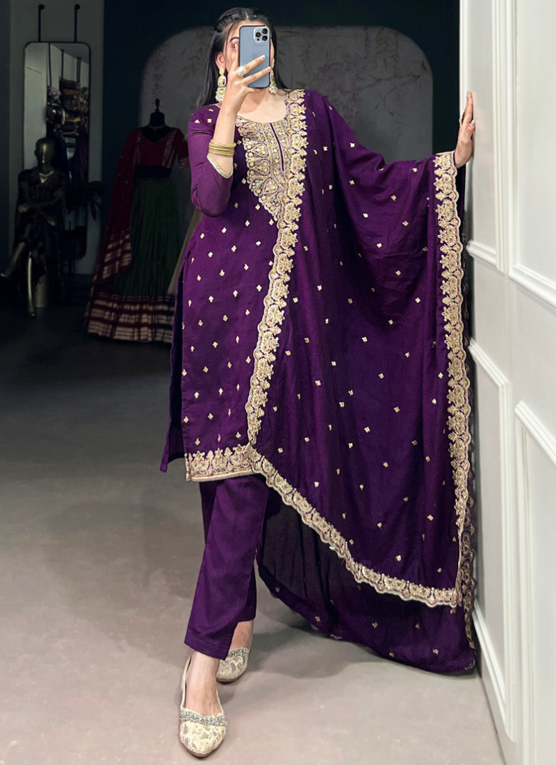Thread Embroidered Purple Vichitra Silk Punjabi Kurta Pant For Women