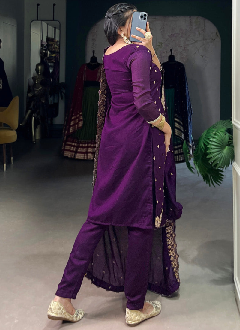 Thread Embroidered Purple Vichitra Silk Punjabi Kurta Pant For Women