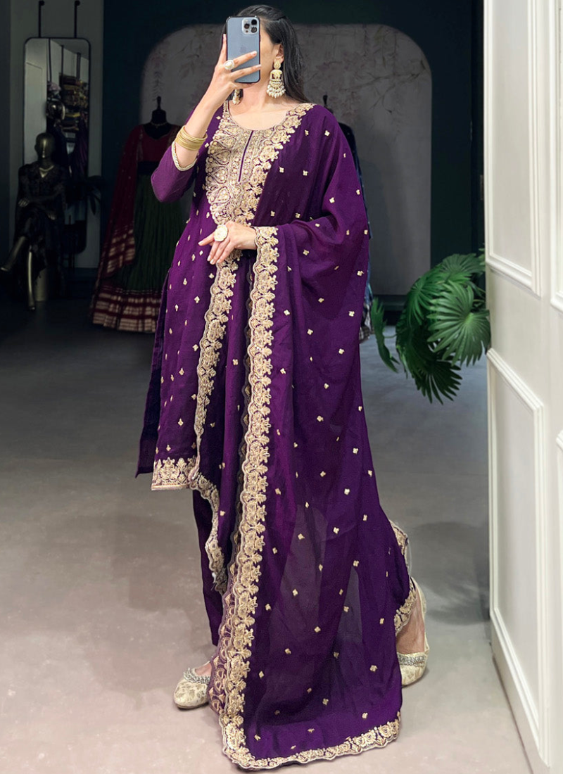 Thread Embroidered Purple Vichitra Silk Punjabi Kurta Pant For Women