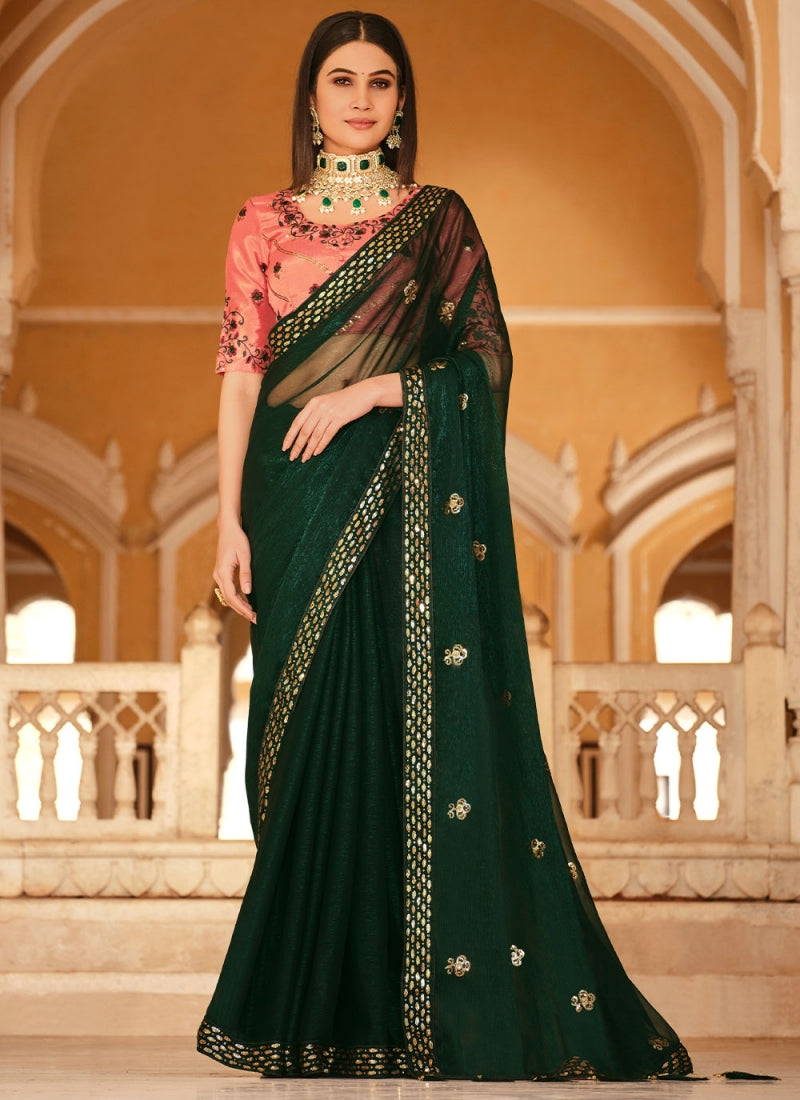 Thread Embroidered Chinon Silk Bottle Green Saree With Peach Blousec