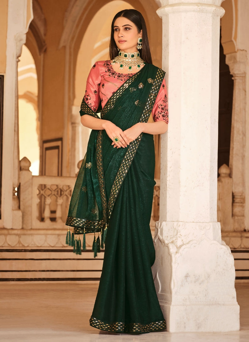 Thread Embroidered Chinon Silk Bottle Green Saree With Peach Blousec