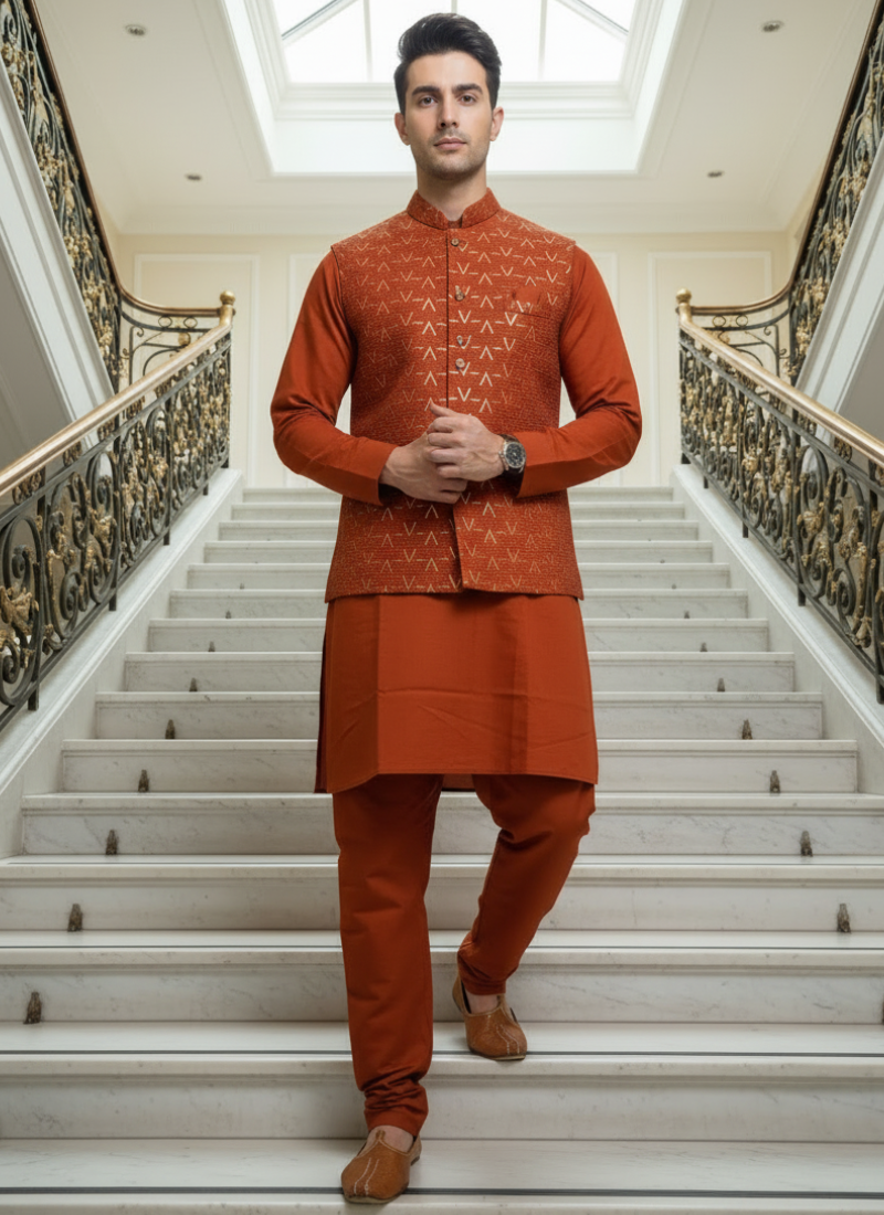 Thread Embroidered Silk Rust Orange Traditional Rust Orange Men's Kurta