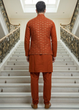 Thread Embroidered Silk Rust Orange Traditional Rust Orange Men's Kurta