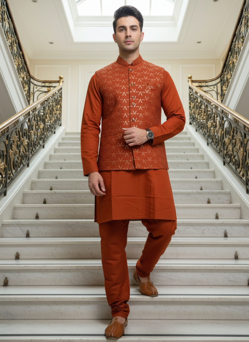 Thread Embroidered Silk Rust Orange Traditional Rust Orange Men's Kurta