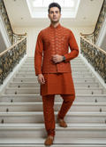 Thread Embroidered Silk Rust Orange Traditional Rust Orange Men's Kurta