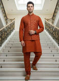 Thread Embroidered Silk Rust Orange Traditional Rust Orange Men's Kurta