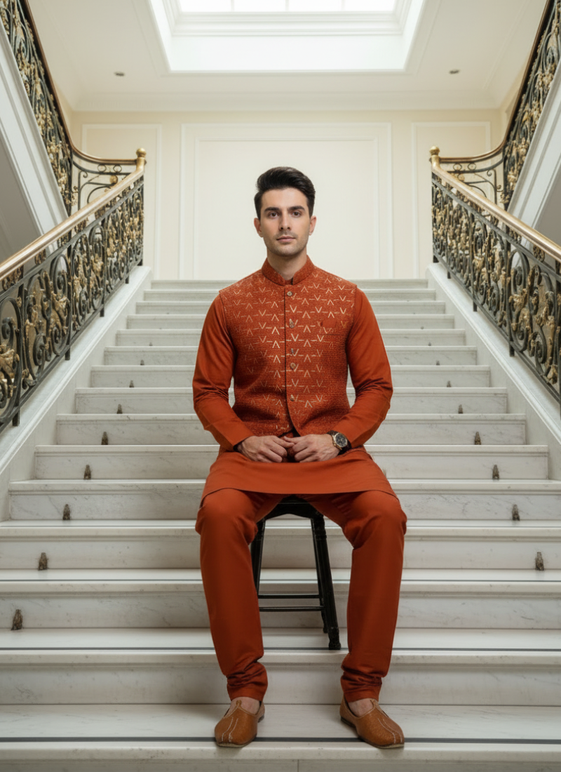 Thread Embroidered Silk Rust Orange Traditional Rust Orange Men's Kurta