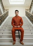 Thread Embroidered Silk Rust Orange Traditional Rust Orange Men's Kurta