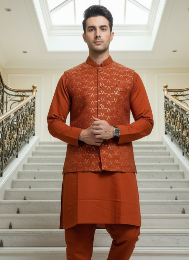Thread Embroidered Silk Rust Orange Traditional Rust Orange Men's Kurta