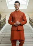 Thread Embroidered Silk Rust Orange Traditional Rust Orange Men's Kurta