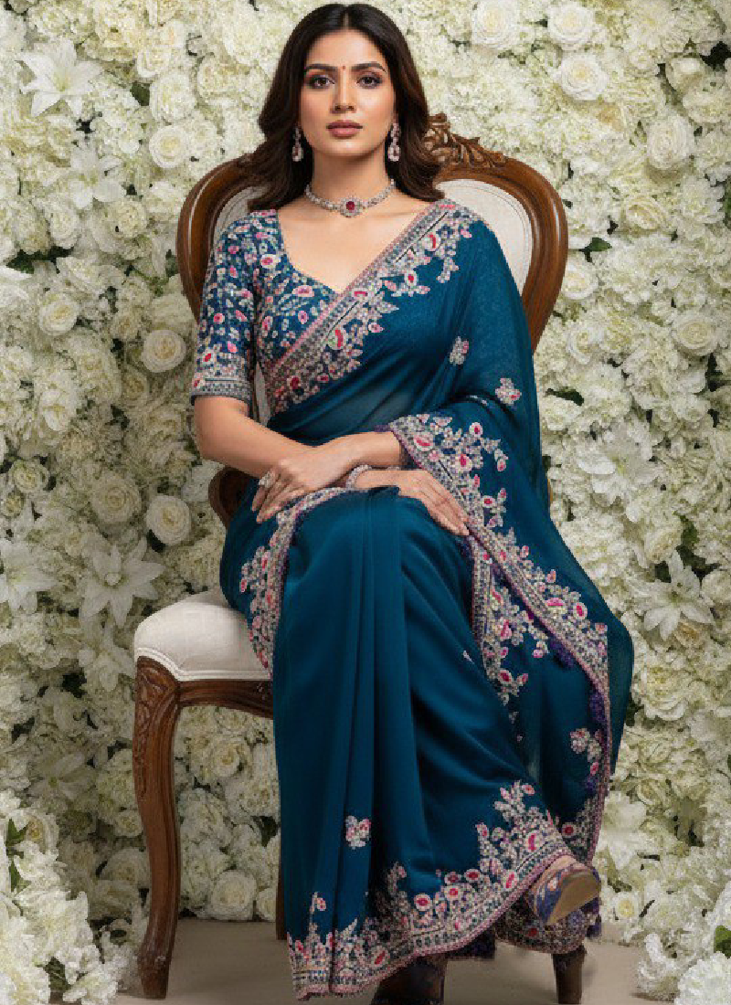 Thread Embroidered Teal Blue Rangoli Silk Heavy Saree With Blouse