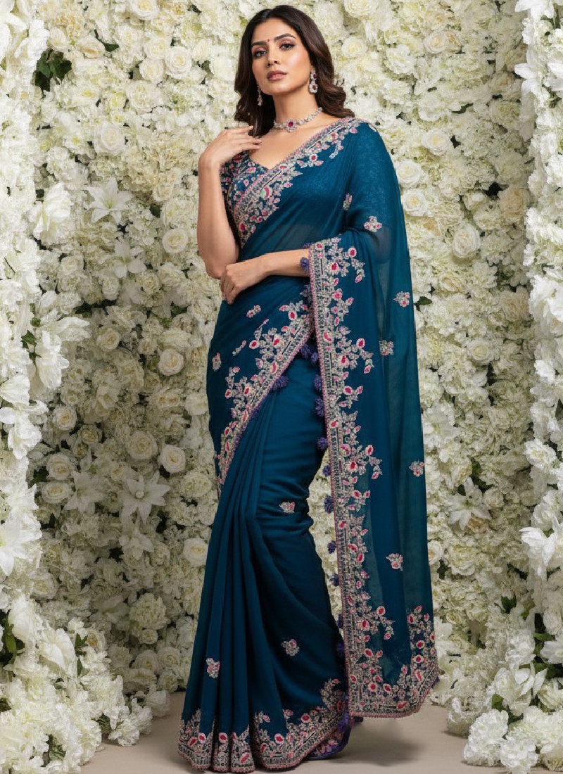 Thread Embroidered Teal Blue Rangoli Silk Heavy Saree With Blouse