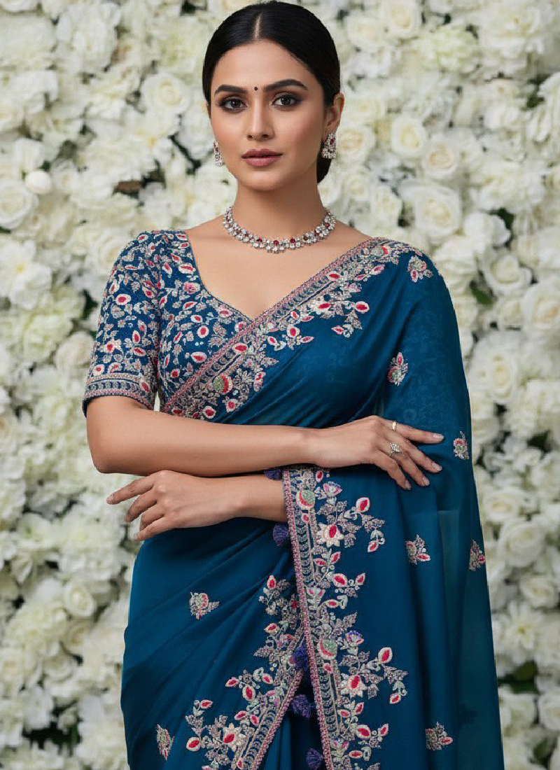 Thread Embroidered Teal Blue Rangoli Silk Heavy Saree With Blouse