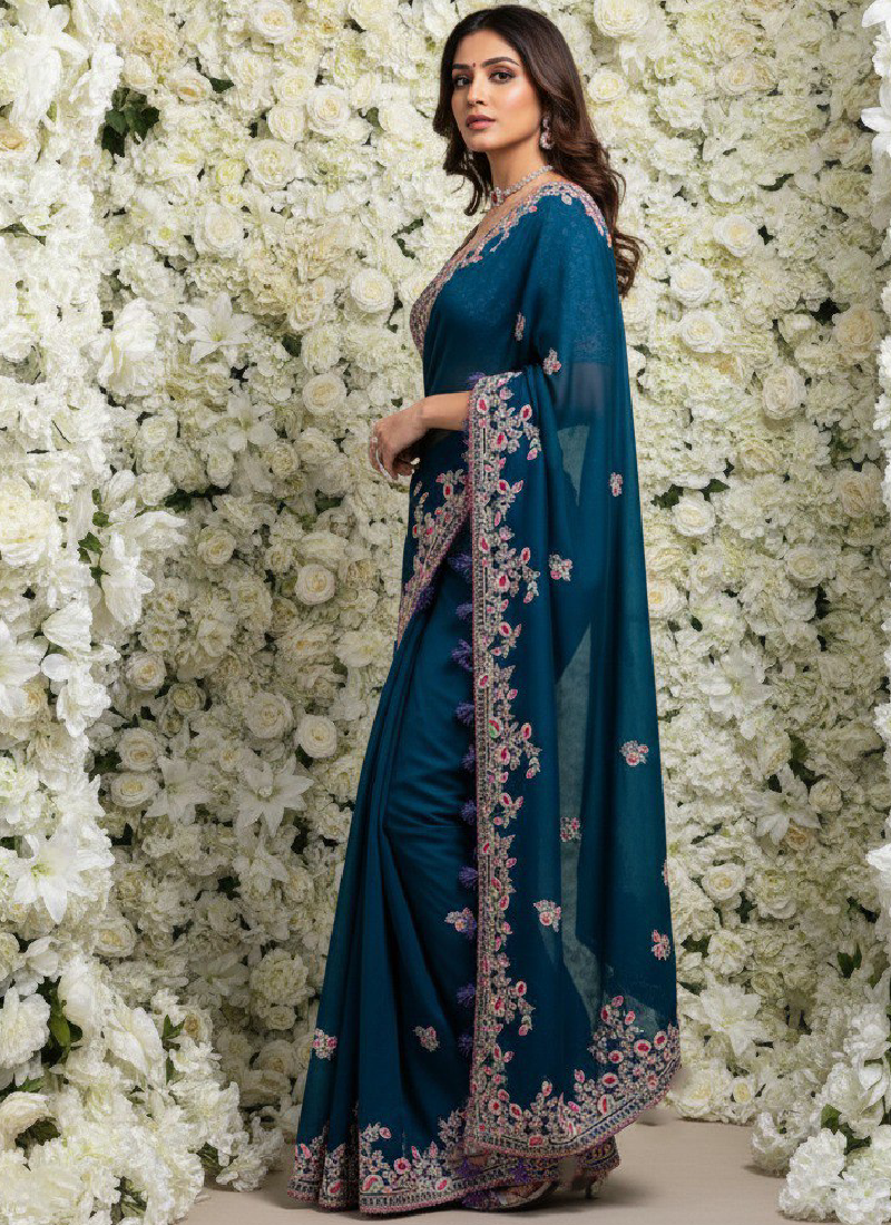 Thread Embroidered Teal Blue Rangoli Silk Heavy Saree With Blouse