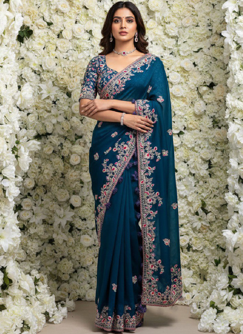 Thread Embroidered Teal Blue Rangoli Silk Heavy Saree With Blouse