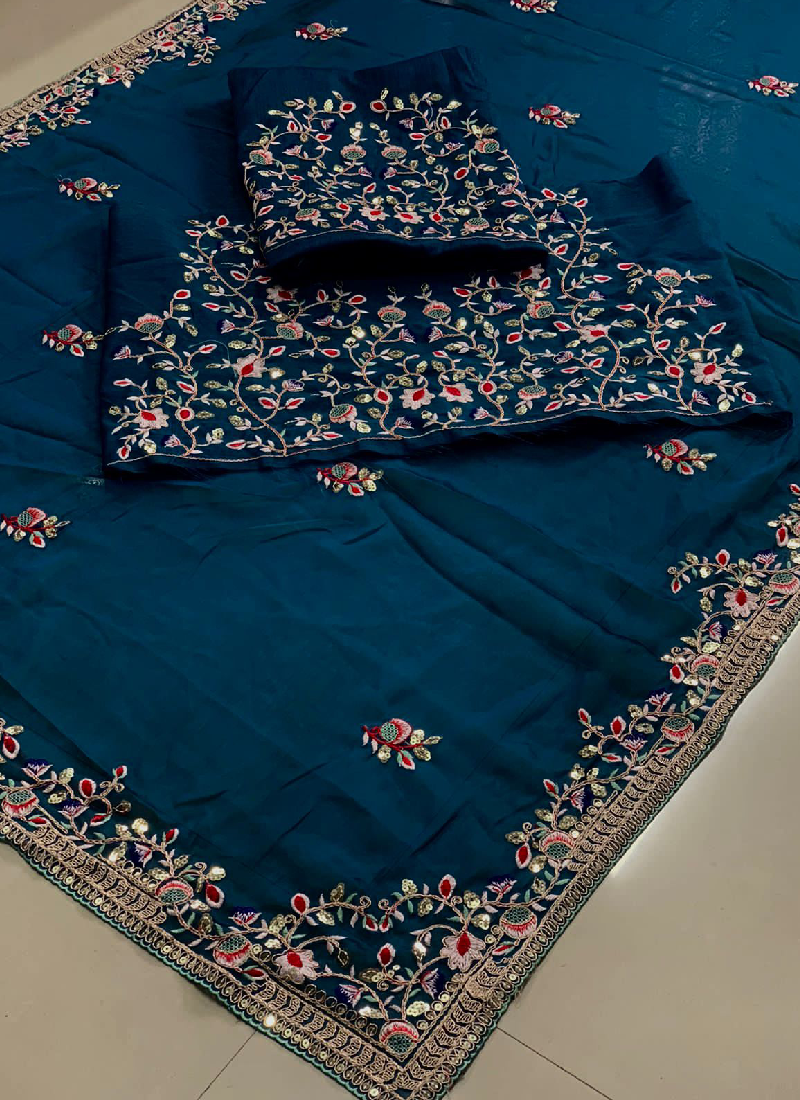 Thread Embroidered Teal Blue Rangoli Silk Heavy Saree With Blouse
