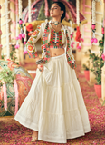 Thread Embroidery Real Mirror Cotton White Lehenga Choli With Jacket