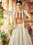 Thread Embroidery Real Mirror Cotton White Lehenga Choli With Jacket