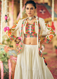 Thread Embroidery Real Mirror Cotton White Lehenga Choli With Jacket