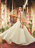 Thread Embroidery Real Mirror Cotton White Lehenga Choli With Jacket