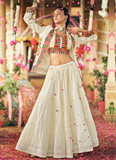 Thread Embroidery Real Mirror Cotton White Lehenga Choli With Jacket