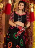 Thread Real Mirror Viscose Cotton Navratri Special Black Lehenga Choli