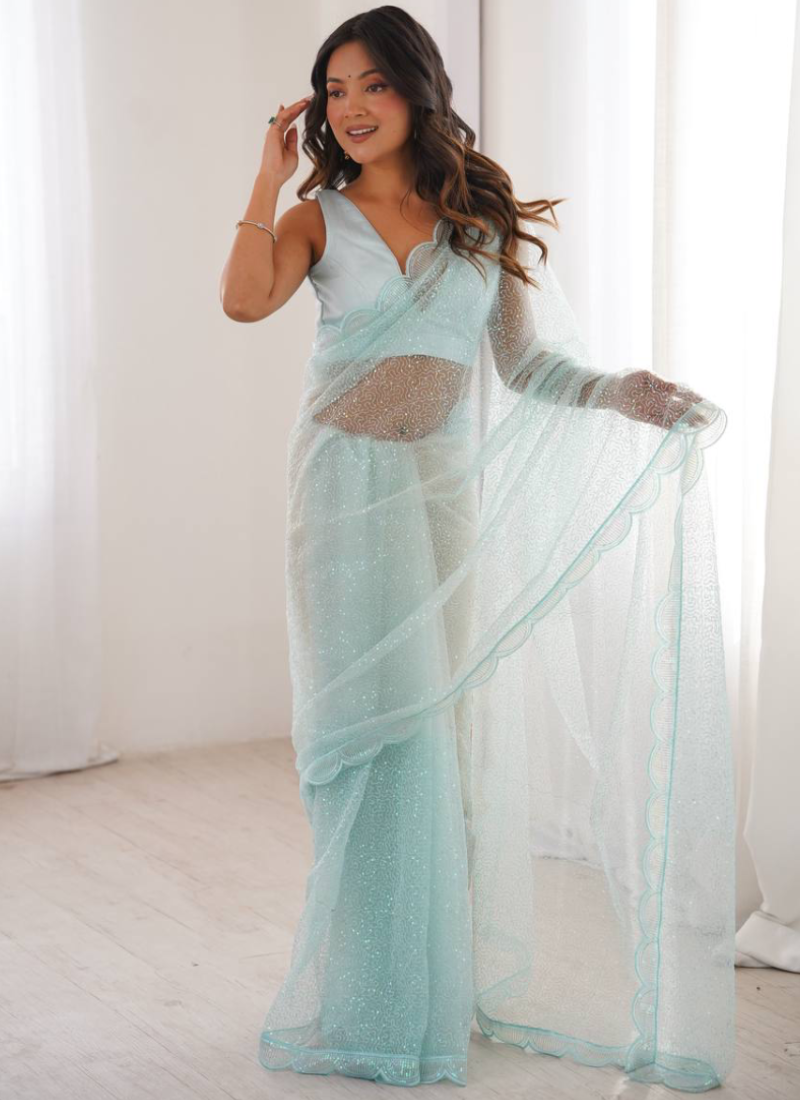 Thread Sequence Embroidered Heavy Soft Net Sky Blue Party Wear Saree