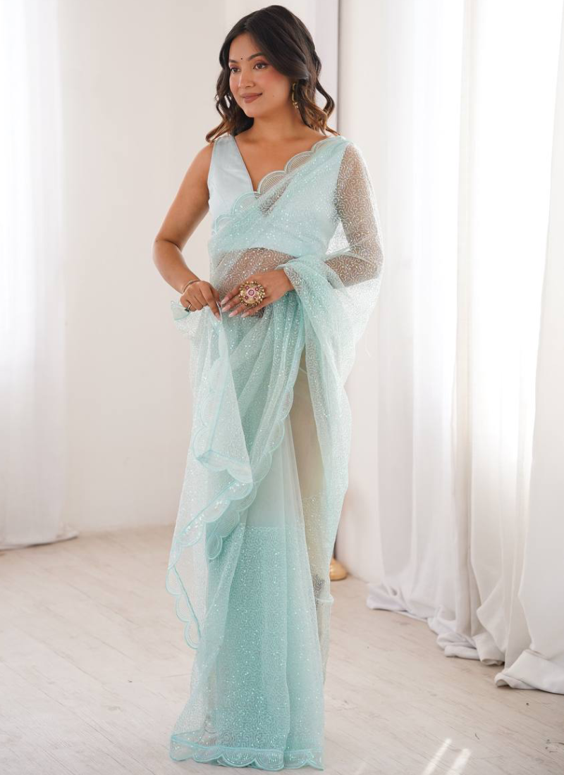 Thread Sequence Embroidered Heavy Soft Net Sky Blue Party Wear Saree