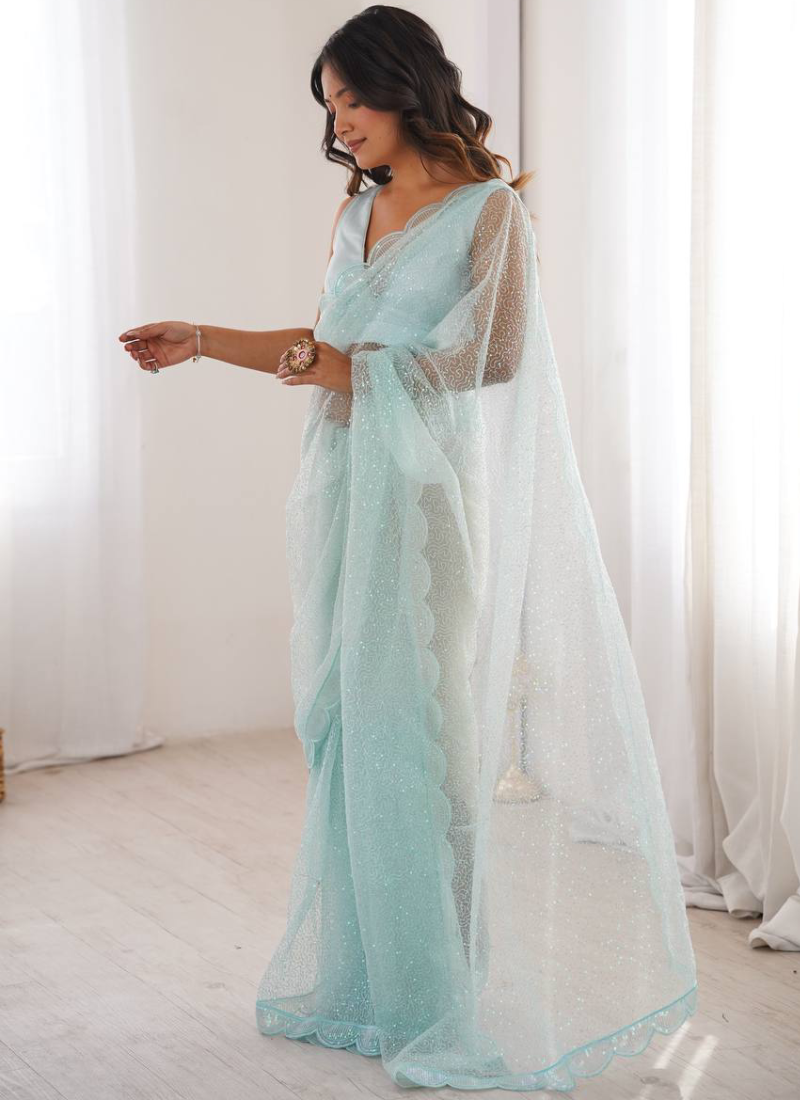 Thread Sequence Embroidered Heavy Soft Net Sky Blue Party Wear Saree