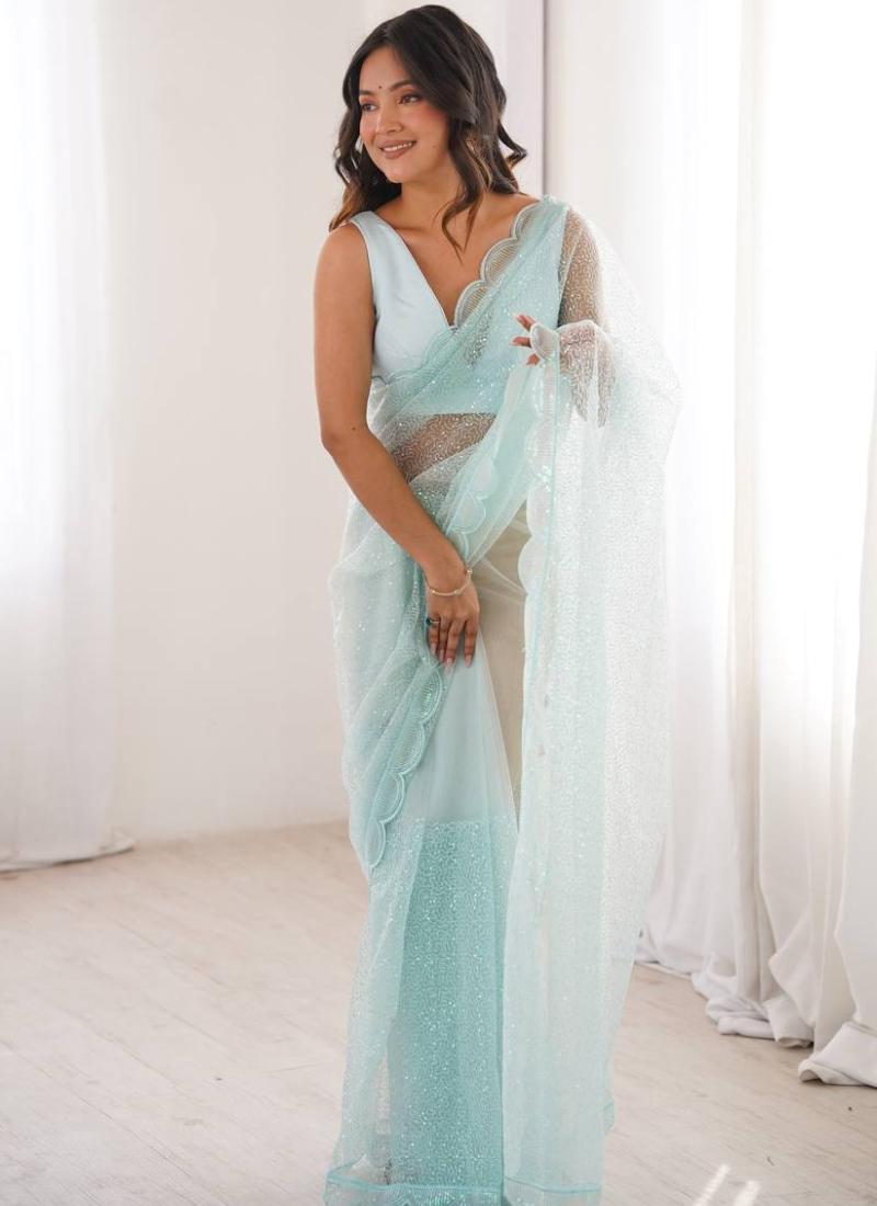 Thread Sequence Embroidered Heavy Soft Net Sky Blue Party Wear Saree