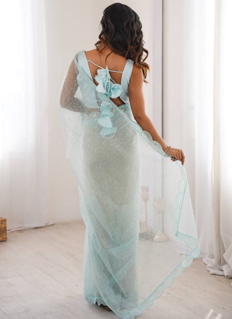 Thread Sequence Embroidered Heavy Soft Net Sky Blue Party Wear Saree