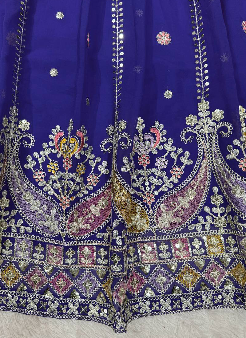 Thread Sequence Work Faux Georgette Royal Blue Lehenga Choli For Women